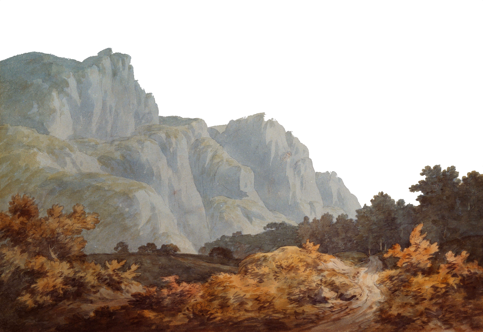 brown and grey trees and rock formation painting